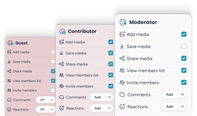 PhotoCircle admin console showing team member roles and permission settings.