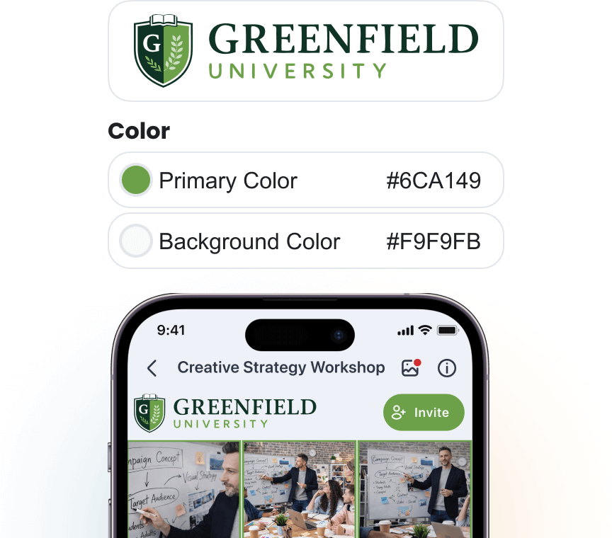 PhotoCircle branding settings showing custom logo and color options.