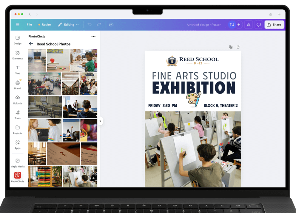 PhotoCircle connected to Canva showing media import workflow.
