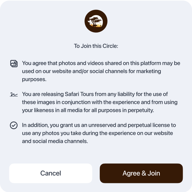 PhotoCircle consent policy editor showing customizable usage guidelines.