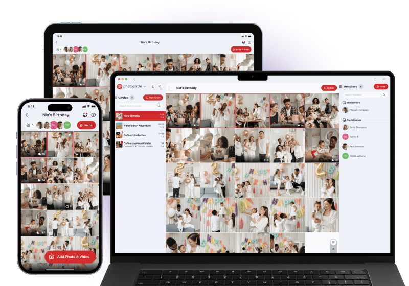 PhotoCircle app displayed on a phone, tablet, and laptop showing the same circle content.