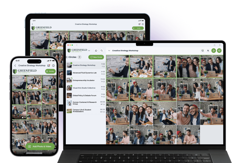 PhotoCircle app displayed on a phone, tablet, and laptop showing the same circle content.