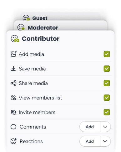 PhotoCircle admin console showing role-based permissions and access controls.
