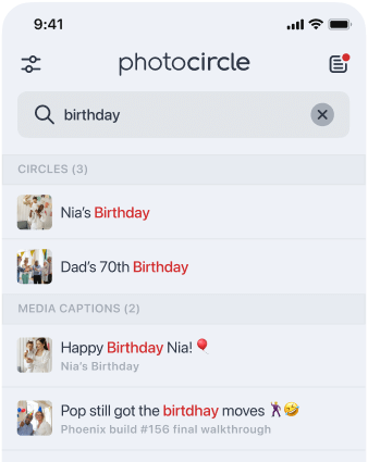PhotoCircle search interface showing results for photos and videos.