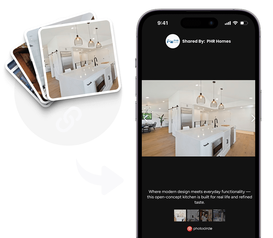 PhotoCircle share media link dialog with a generated link ready to copy.