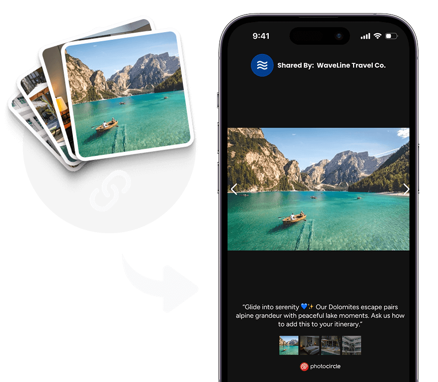 PhotoCircle share media link dialog with a generated link ready to copy.