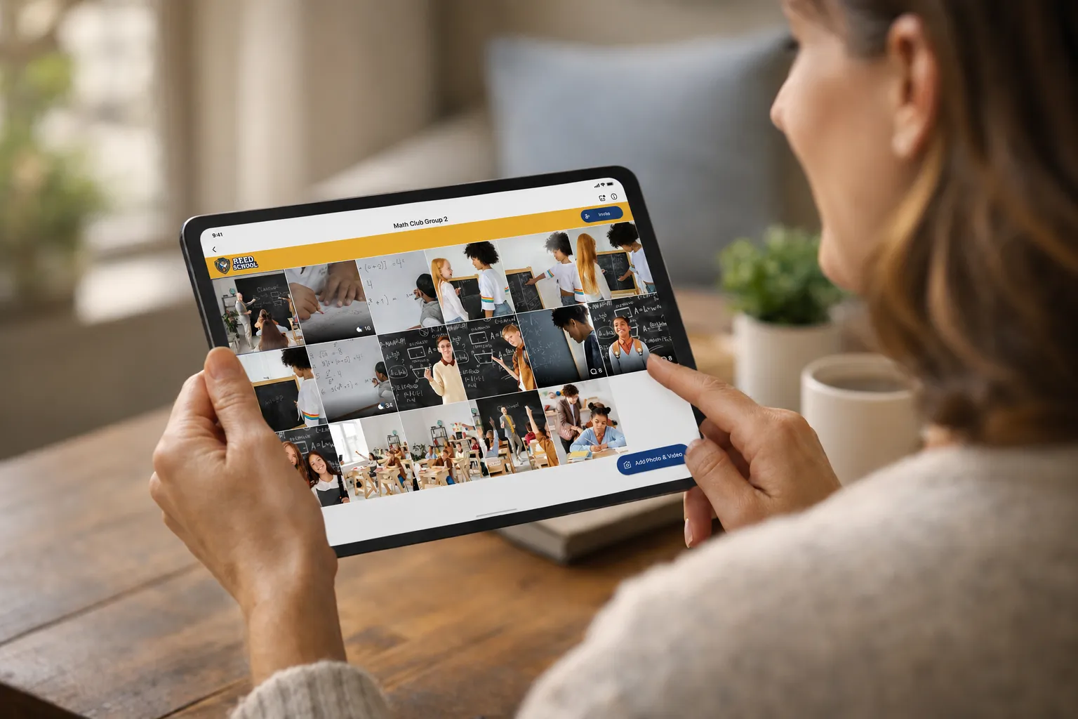 Parent viewing school photos on a private school photo sharing app on their phone 1.00
