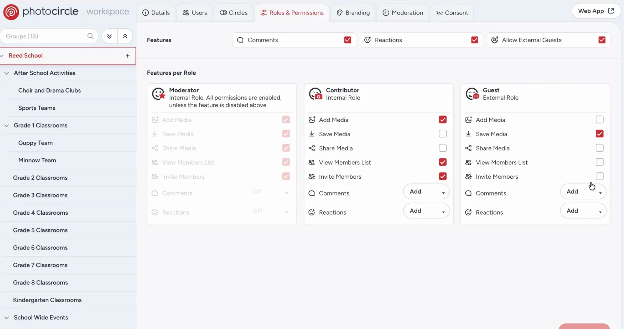 School admin console showing photo sharing permissions and access controls for K-12 classes and groups 1.00